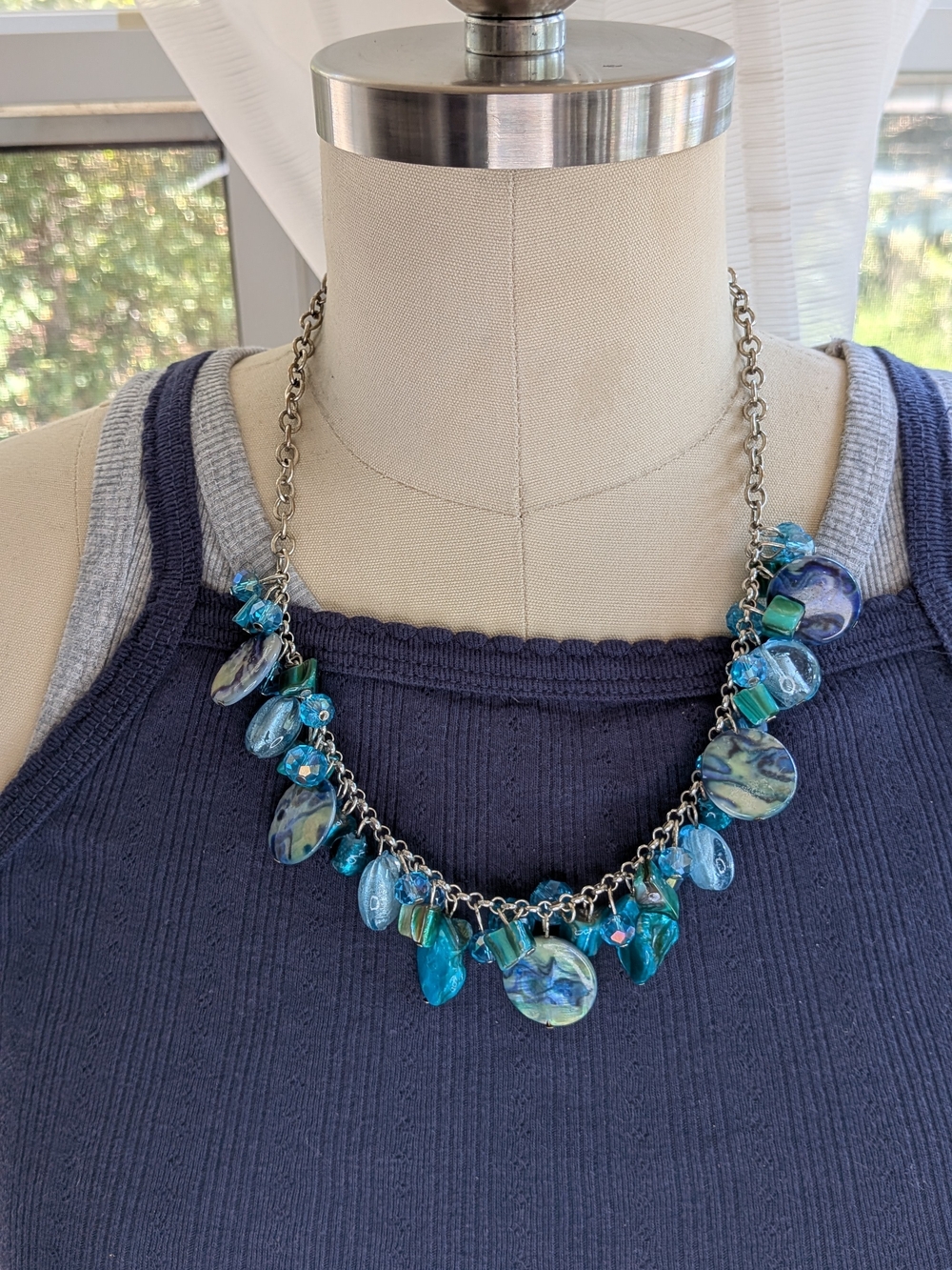 Coastal Teal Blue Abalone Shell Iridescent Glass Crystal Cluster Collar Necklace
